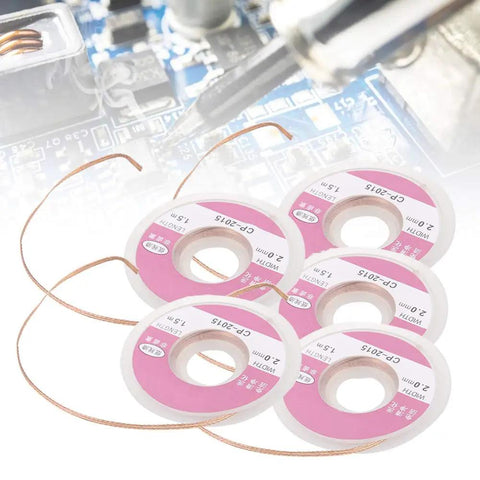 Premium Solder Wick Desoldering Braid Copper Wire 2mm Width 1.5 Meter Length Ideal For PCB Repair And Electronics Maintenance 5 Pack Pro Grade Soldering Tool displayed with circuit board.