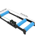 Whisper Quiet Indoor Bike Trainer With Foldable Stand For Road And Mountain Bikes featuring blue rollers and compact folding frame.