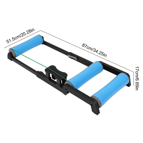 Whisper Quiet Indoor Bike Trainer With Foldable Stand For Road And Mountain Bikes featuring blue rollers and compact folding frame.