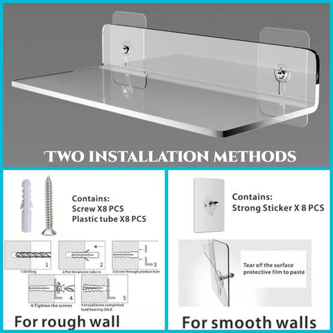 Clear Acrylic Floating Shelves No Drill No Damage Wall Mounted No Mess 4 Pack Renter Friendly installation methods