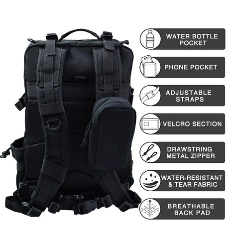 Back view of Tactical Backpack For Work And Outdoors, 40L Heavy Duty Rucksack With MOLLE, showing straps and features icons.