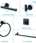 Diagram of Self Adhesive Matte Black Bathroom Hardware Set with dimensions for towel bar, paper holder, hooks, ring. No drill installation.