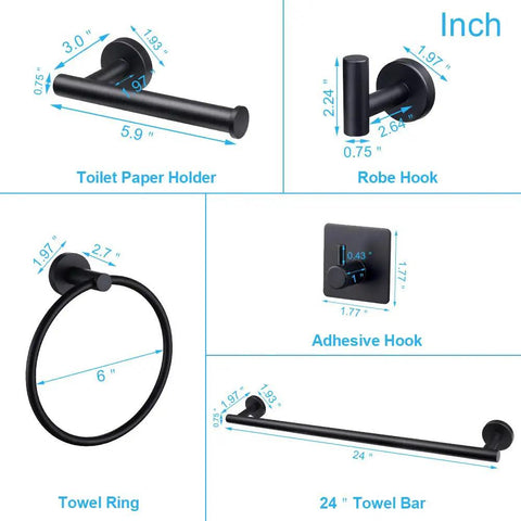 Diagram of Self Adhesive Matte Black Bathroom Hardware Set with dimensions for towel bar, paper holder, hooks, ring. No drill installation.