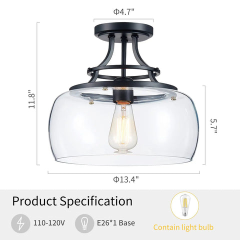 Rustic Farmhouse Industrial Round Ceiling Light Fixture With Clear Glass Shades LED Chandelier For Bathroom Kitchen Foyer And Entry Semi Flush Mount Black Finish E26 Base 11.8 Inches High By 13.4 Inches Wide Non Dimmable Edison Bulb