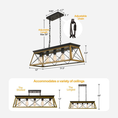 Diagram of Five Light Farmhouse Chandeliers Pendant Lighting for Dining Room and Kitchen Island, Rustic Bronze Metal Rectangular Pendant Lights