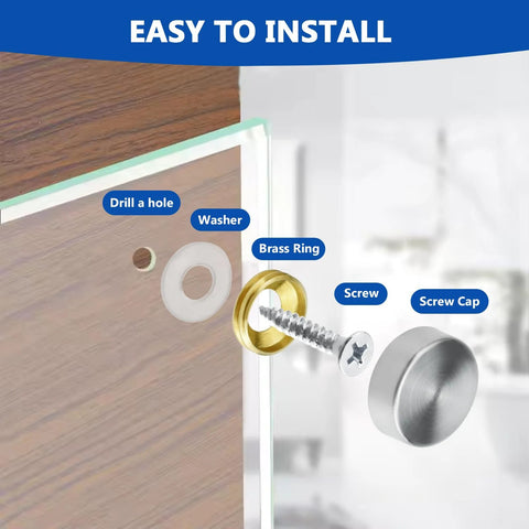 Illustration of Stainless Steel Screw Cover Caps Set 24 Pieces 0.63 Inch Diameter 16mm for furniture and mirrors installation.