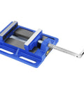 6 Inch Drill Press Vise With Slotted Base, shown from side angle, featuring blue base and serrated jaw plate for light duty work.
