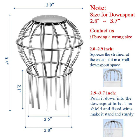 Downspout Debris Guard For 2.8 To 3.7 Inch Round Pipes, 304 stainless steel gutter strainer with measurements and fitting instructions