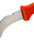 Close-up of the Orange Handle Hawkbill Cable Splicer Skinning Knife With Notched 3 Inch Blade showing blade detail and handle.