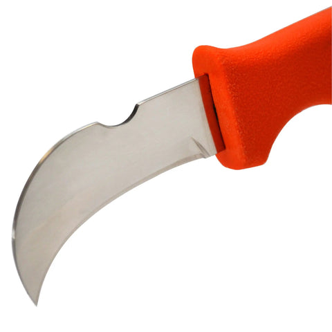 Close-up of the Orange Handle Hawkbill Cable Splicer Skinning Knife With Notched 3 Inch Blade showing blade detail and handle.