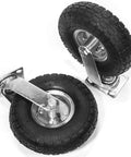 Hella Solid 4 Piece 10 Inch Pneumatic Caster Wheel Set With Two Rigid And Two Swivel Units, premium rubber tires close-up.