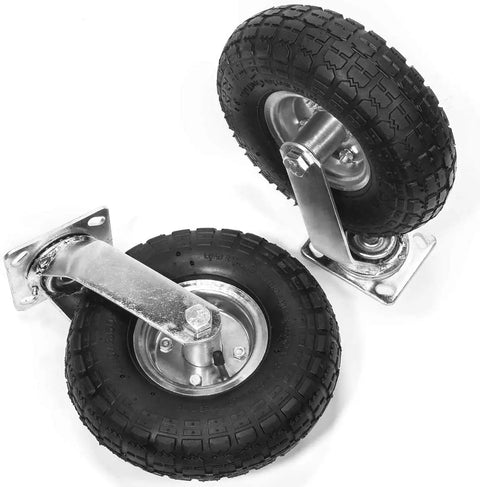 Hella Solid 4 Piece 10 Inch Pneumatic Caster Wheel Set With Two Rigid And Two Swivel Units, premium rubber tires close-up.