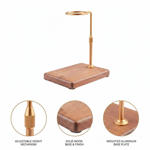 Kickstart Your Morning Ritual With This Totally Awesome Adjustable Wooden And Aluminum Pour Over Coffee Stand Made For Mugs And Carafes A Heavy Duty Brewing Station, showing the solid wood base and adjustable height.