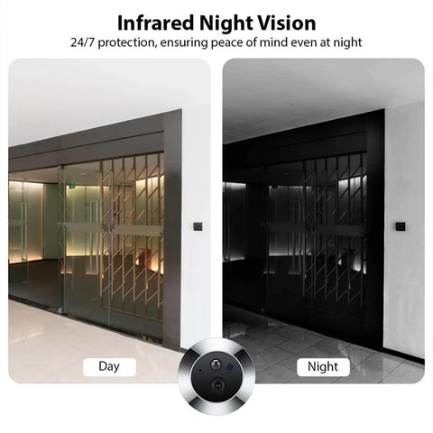 Infrared night vision demonstration with day and night views, Smart Video Doorbell Camera With 4.3 Inch Display, 1080P HD Video.