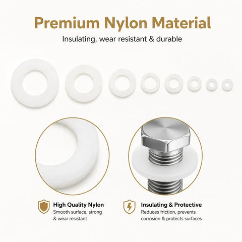 Slick Metric Nylon Washer Assortment Kit White Flat Discs M2 Through M12, showcasing premium nylon washers and their uses.