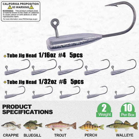 Go To Crappie Jig Kit With Tube Baits 120 Pcs Soft Plastic Crappie Lures In 12 Colors And 10 Jig Heads For Panfish And Trout Fishing In Any Conditions, showing multiple jig heads in two sizes.