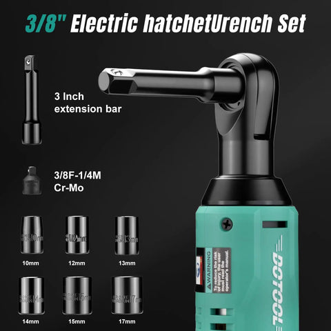 3/8 Inch Cordless Electric Ratchet Wrench Kit With 40 Ft Lbs Torque, 12V Power, sockets, extension bar visible