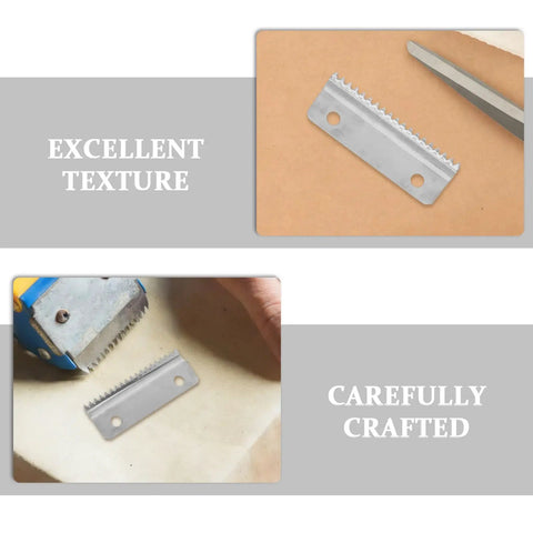 Metal Tape Cutter Replacement Blades With Beefy Serrated Teeth, 10 Pack, Fits Box Tape Dispenser, Spare Parts For Shipping And Warehouse Packaging, Compatible With Most Desktop And Standalone Tape Dispensers, close-up silver blade