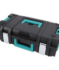 No Sweat Stackable Toolbox With Secure Latch And Custom Gear Sorting Tray Setup top view showing heavy duty ABS material and handles.