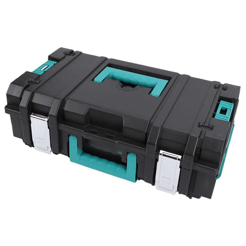 No Sweat Stackable Toolbox With Secure Latch And Custom Gear Sorting Tray Setup top view showing heavy duty ABS material and handles.