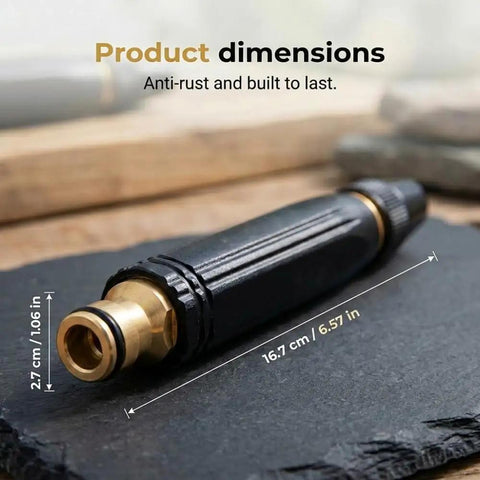 Adjustable High Pressure Washer Spray Gun With Connector Set Direct Jet Shower And Wide Angle Modes For Yard Cleanup Car Wash Pet Care And Outdoor Spraying, showing product dimensions and anti-rust material.