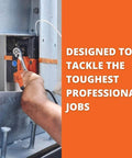 Side view of Fein JMC Magforce 90 magnetic base drill, orange/black, being operated by hand on metal.