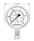 Front view pressure gauge MEASUREMAN, 2.5 in dial, 1/4 NPT bottom mount, stainless steel case.