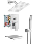 Rain Shower Fixture Set With 8 Inch Rain Shower Head Handheld Sprayer Waterfall Tub Spout And Wall Mount Mixer Rough In Valve And Trim Included Polished Chrome Finish High Flow 1.28 GPM Easy Install showing components.