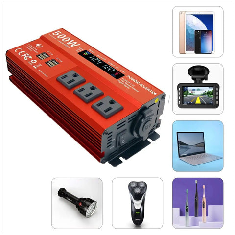 500W Continuous Power Inverter For Vehicles From 12V To 110V AC With 3 AC Outlets And 4 USB Ports Plus Cigarette Lighter Adapter