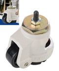 Close-up of 4 Pack Heavy Duty Leveling Caster Wheels with Threaded Stem, adjustable for machinery benches, in white finish.