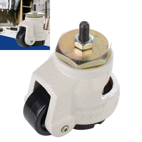 Close-up of 4 Pack Heavy Duty Leveling Caster Wheels with Threaded Stem, adjustable for machinery benches, in white finish.