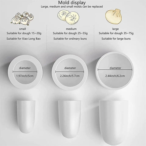 Baozi Maker Semi Automatic Bun Press With Steel Body, 3 Interchangeable Molds, Quick 400 To 500 Buns Per Hour, mold display