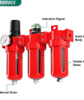 Heavy Duty Three Stage Air Drying System For Compressors Featuring Coalescing Filter Integrated Desiccant Dryer And Adjustable Pressure Regulator, red housing with gauge and sight glass.