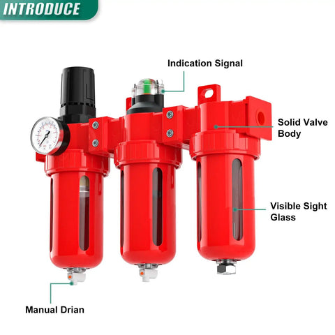 Heavy Duty Three Stage Industrial Air Drier Built Tough With Aluminum Body And Precision Pressure Regulator showing manual drain and sight glass.