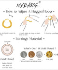 Diagram showing how to adjust huggie hoop earrings with material composition details including zinc, brass, and 14K gold plating.