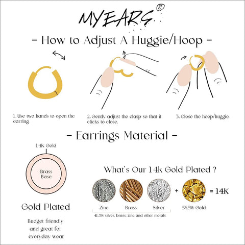 Diagram showing how to adjust huggie hoop earrings with material composition details including zinc, brass, and 14K gold plating.