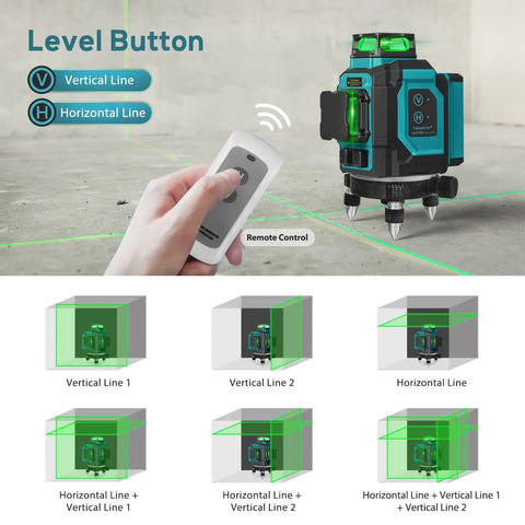 Image showing Go-To 3x360 Green Laser Level With 12 Lines, Self-Leveling 3D Cross Lines for construction with remote control feature.