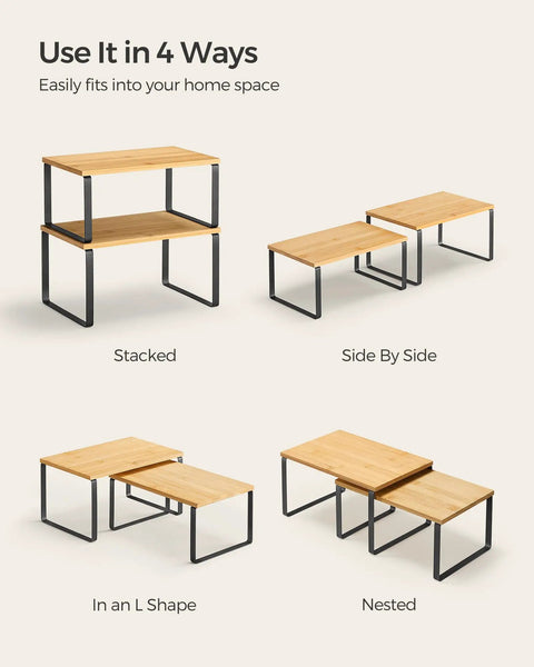 No Sweat Set Of Two Cabinet Organizer Shelves That Serve As A Slick Kitchen Spice Rack And Countertop Pantry Station With Duh Easy Setup, shown in four arrangement options.