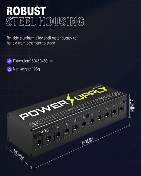 DP-1 Guitar Pedal Power Supply With 10 Isolated Outputs for 9V 12V and 18V Effects Noise Reduction Circuit Lightweight Aluminum Housing Perfect Pedalboard Hub for Studio and Live Gigs, 150x50x30mm steel housing