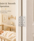 4x4 Inch Door Hinges With Ball Bearing, Built To Last, Stainless Steel, Brushed Nickel Finish, Smooth Quiet Operation, Square And Five Eighths Inch Radius Corners, 3 Pack installed on nursery door.