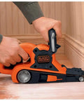 Heavy Duty Belt Sander With Dust Bag 7 Amp Motor 3 Inch By 21 Inch Angled Sanding Belt used on wooden floor edge for smooth finish