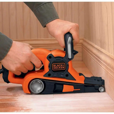 Heavy Duty Belt Sander With Dust Bag 7 Amp Motor 3 Inch By 21 Inch Angled Sanding Belt used on wooden floor edge for smooth finish