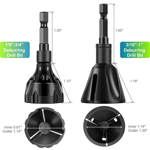 Front and side views of SIFFOI 2-piece tungsten carbide deburring drill bits with 1/4-inch hex shank; sizes 1/8-3/4 and 3/16-1.