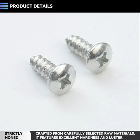 Stainless Steel Self Tapping Screws Kit, 240 Piece Assortment for Wood, Metal, and Outdoor DIY Projects, Sizes Four, Eight, Ten and One Quarter Inch, Anti Rust Fasteners for Furniture, Decks, and More - close up of two silver screws with cross drive head.