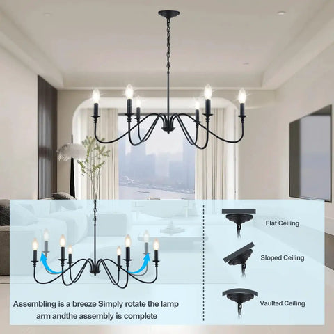 Six Light Rustic Industrial Iron Chandelier With Matte Black Finish installed in a modern living room, adjustable height.