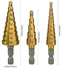 Three Piece Titanium Coated HSS Step Drill Bits Set For Precise Drilling And Quick Hole Sizing, Create Multiple Diameters In One Bit