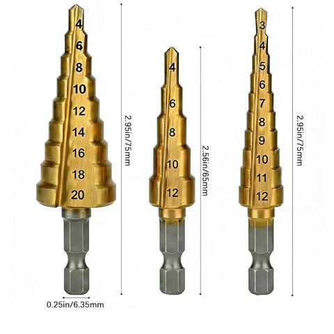 Three Piece Titanium Coated HSS Step Drill Bits Set For Precise Drilling And Quick Hole Sizing, Create Multiple Diameters In One Bit