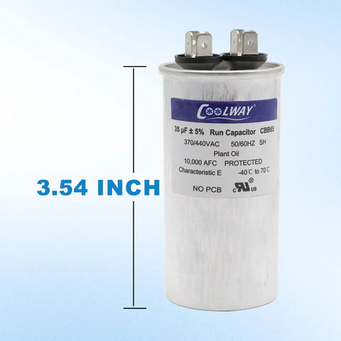 Dual Run Start Capacitor 35 UF 370 To 440 VAC For Air Conditioners And Heat Pumps showing size and specifications
