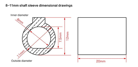CNCTOPBAOS shaft sleeve adapter cross-section with 8–11mm bore, 11mm outer diameter, 20mm length; dimensional drawing