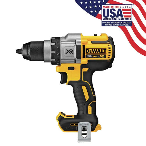 20V Max XR Brushless Drill/Driver With 3 Speed Modes, Tool Only, DCD991B, yellow and black drill in profile with USA flag